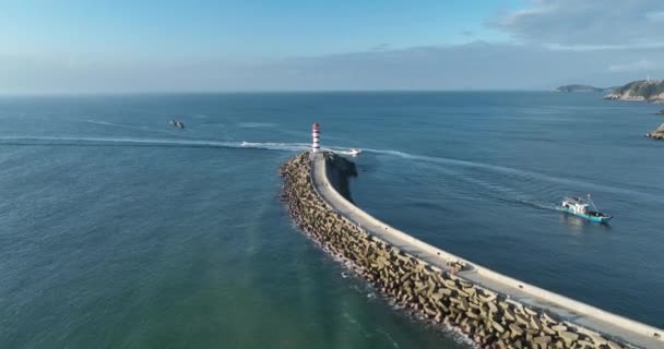 海辺の高赤と白のストライプ灯台 夏休み 海のコンセプトでの休日 — ストック動画