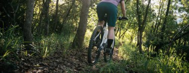 Bahar ormanı patikasında dağ bisikleti