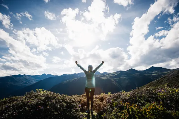 Successful Woman Outstretched Limbs High Altitude Mountain Peak Royalty Free Stock Photos