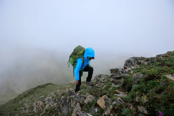 Woman Hiker Climbing Mountain Top Tibet — Stock Photo, Image