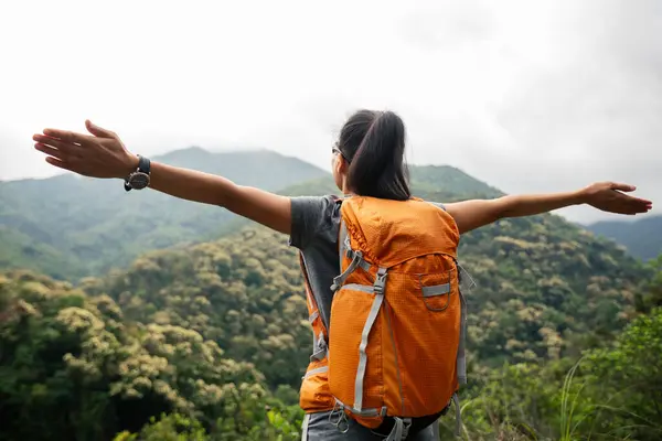 Женщина Турист Наслаждается Видом Утреннюю Весеннюю Вершину Горы — стоковое фото