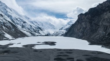 Tibet, Çin 'deki yüksek irtifa dağı ve göl manzarasının havadan görünüşü