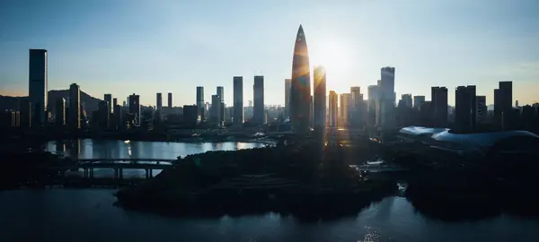 Flygfoto Över Solnedgången Landskap Shenzhen Stad Kina Stockbild