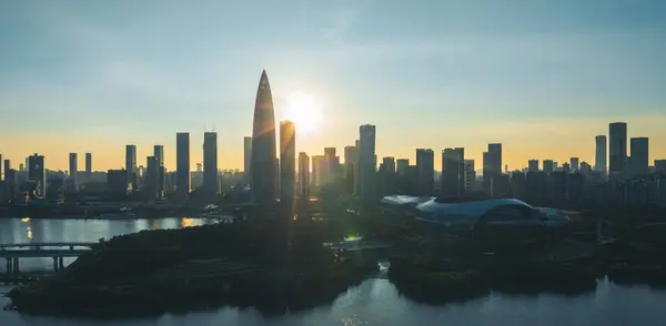 Vue Aérienne Paysage Coucher Soleil Dans Ville Shenzhen Chine Images De Stock Libres De Droits