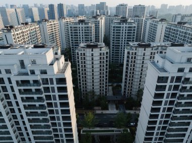 Chengdu şehrindeki modern mimarinin havadan görünüşü, Çin