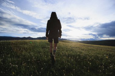 Yürüyüş yapan güzel çiçekli otlaklar.