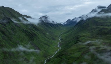 Güzel yüksek rakımlı çayır dağ manzarasının havadan görünüşü