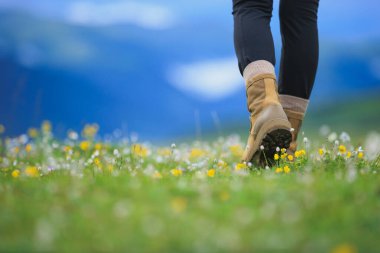 Güzel çiçekli çayırlarda yürüyen yürüyüşçü bacakları
