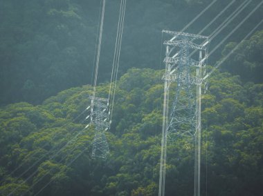 Ormandaki yüksek voltajlı elektrik kulesinin havadan görünüşü