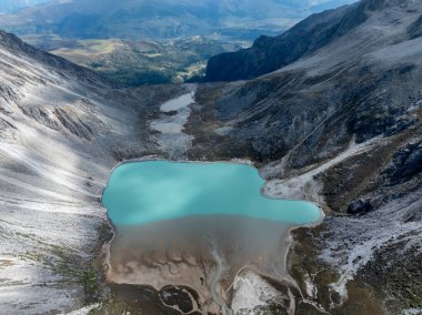 Güzel yüksek irtifa gölü ve dağ manzarasının havadan görünüşü
