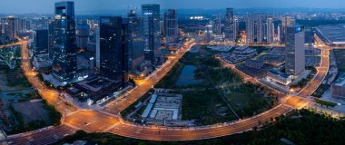 Aerial view of landscape at night in chengdu city,China clipart