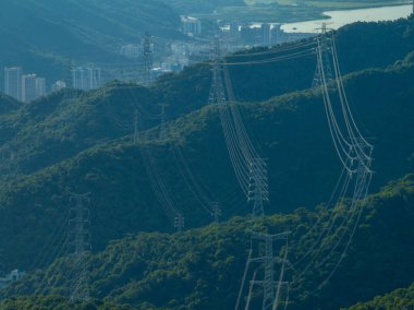 Aerial view of electricity tower on mountain