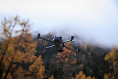 Uçan dron, sonbahar ormanı manzarası ve kar kaplı dağların fotoğrafını çekiyor.