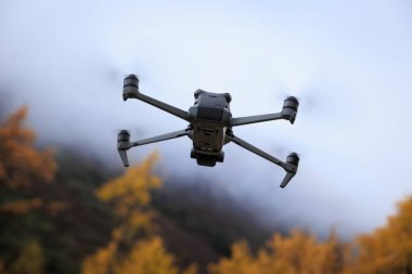 Uçan dron, sonbahar ormanı manzarası ve kar kaplı dağların fotoğrafını çekiyor.