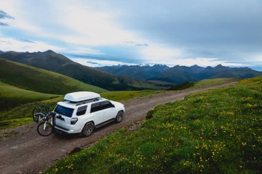 Offroad arabası mavi gökyüzünün altında çiçek açan çayır dağında bisiklet taşıyor.