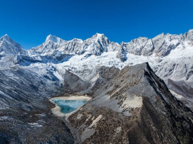 Tibet, Çin 'deki güzel kar kaplı dağ ve göl manzarası.