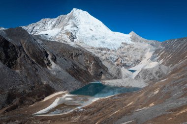 Tibet, Çin 'deki güzel kar kaplı dağ ve göl manzarası.