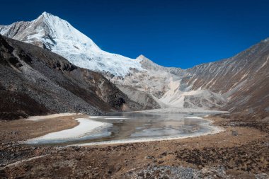 Tibet, Çin 'deki güzel kar kaplı dağ ve göl manzarası.