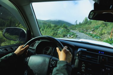 Yüksek rakımlı orman dağlarında off-road araba sürüyorum.