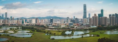 Hong Kong ve Shenzhen siluetleri üzerinde balık havuzları ile kırsal yeşil alanların havadan görünümü