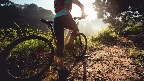 Genç bir bisikletçi yaz gündoğumu orman patikasındaki akıllı arabasına bakıyor. 