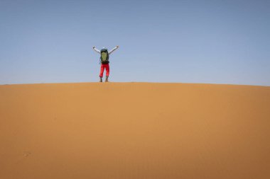 Çölde sırt çantası taşıyan bir kadın.