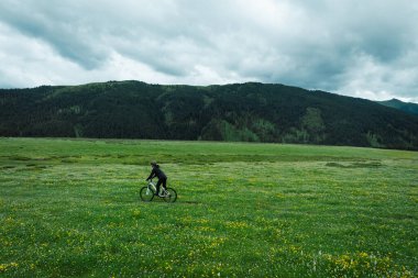 Çiçekli çayır dağ patikasında dağ bisikleti süren kadının hava manzarası. 