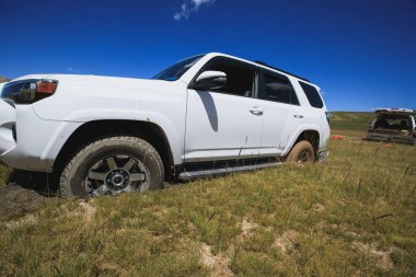 Qinghai, Çin - 2021 dolaylarında off-road otomobili Çin 'in yüksek rakımlı otlaklarında çamura saplandı.