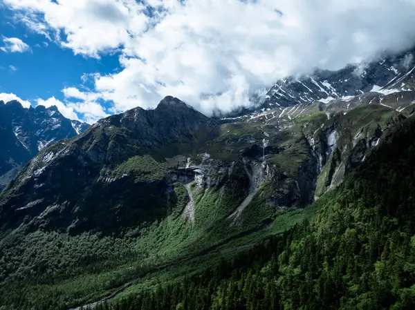 Güzel yüksek irtifa manzarası. Karla kaplı dağlar ve orman manzarası.