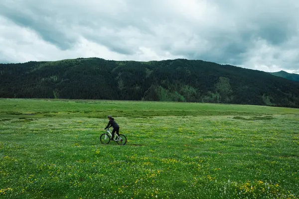 Çiçekli çayır dağ patikasında dağ bisikleti süren kadının hava manzarası. 