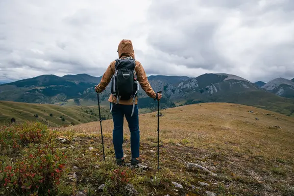 Sırt çantalı bir kadın yüksek irtifada dağ yürüyüşü yapıyor. 
