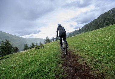 Çayırlık orman dağlarında dağ bisikleti sürmek