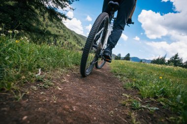 Çayırlık orman dağlarında dağ bisikleti sürmek