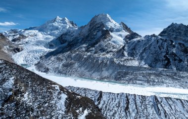 Güzel yüksek irtifa buzulu ve kar kaplı dağ Tibet, Çin 'de donmuş göl.