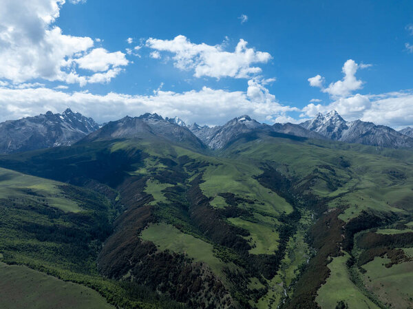 Вид с воздуха на красивые высокогорные снежные шапки и ландшафт лесных лугов в Китае