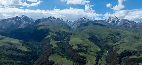 Вид с воздуха на красивые высокогорные снежные шапки и ландшафт лесных лугов в Китае