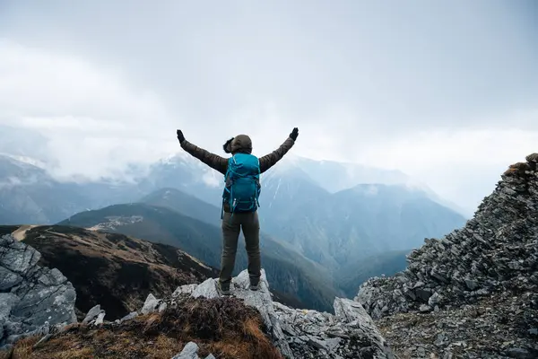 Başarılı sırt çantalı, Tibet 'teki kar kaplı dağlara bakan dağın tepesindeki manzaranın keyfini çıkar.