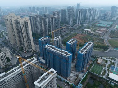 Chengdu, Çin 'deki Tianfu Yeni Bölgesi' nin hava manzarası