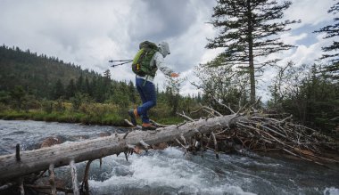Sırt çantalı bir kadın yüksek rakımlı dağlarda tek tahta bir köprüde yürüyor.