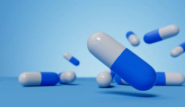 Capsule Pillola Medica Uno Sfondo Blu Concetto Sanitario Rendering — Foto Stock