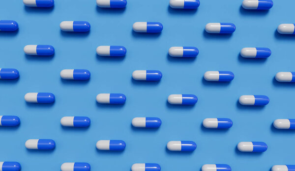 medical pill capsules on a blue background. Healthcare concept. 3D Rendering.