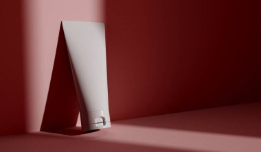 Kozmetik güzellik ürünü paketleme şablonu. Dramatik gölge ışıklandırmalı beyaz tüp. 3B Hazırlama.