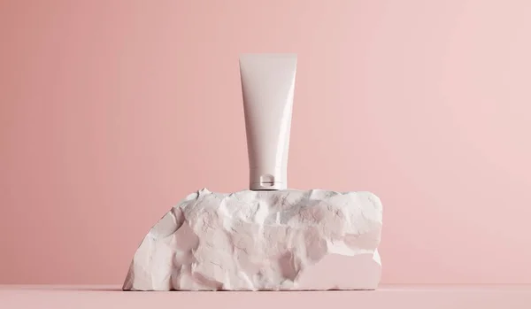 Cosmetic beauty product packaging template. White tube on a rock podium. 3D Rendering.