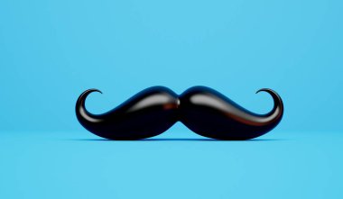 black shiny mustache facial hair against a blue background. 3D Rendering. clipart