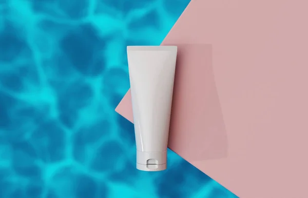 Cosmetic tube product mock up. Beauty skin care product against rippled water background. 3D Rendering.