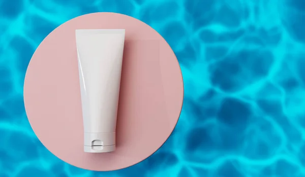 Cosmetic tube product mock up. Beauty skin care product against rippled water background. 3D Rendering.