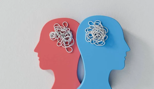 Relationship issues. two heads with complex tangled brain. 3D Rendering.