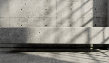 Soyut boş, modern beton oda. Pencereden güneş ışığı alıyor. Endüstriyel iç plan, 3B Hazırlama.