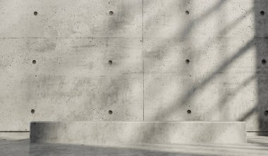 Soyut boş, modern beton oda. Pencereden güneş ışığı alıyor. Endüstriyel iç plan, 3B Hazırlama.