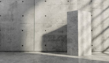 Soyut boş, modern beton oda. Pencereden güneş ışığı alıyor. Endüstriyel iç plan, 3B Hazırlama.